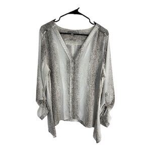 NY Collection Women’s Boho Snakeskin Print Roll-Tab Sleeves V-Neck Top Size XL